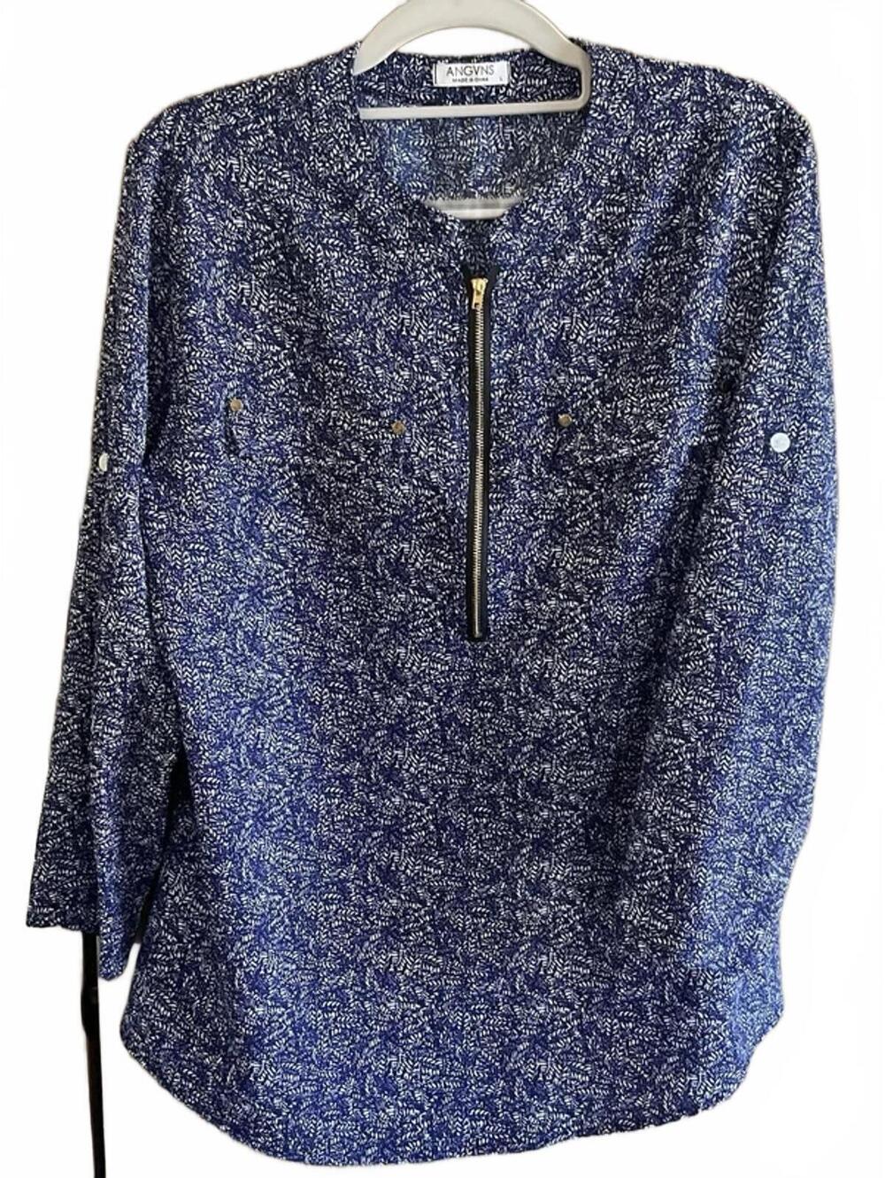 Angvns womens long roll tab sleeve zip neck blue blouse size l